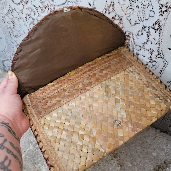 VINTAGE Woven Straw Floral Boho Basket Envelope Clutch Handbag - Picture 5 of 6